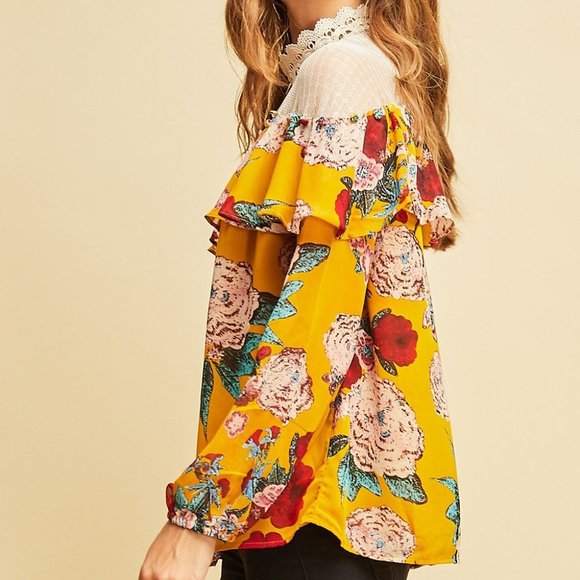 Entro Mustard Floral Print Scalloped Mock Neck Top - Picture 3 of 6